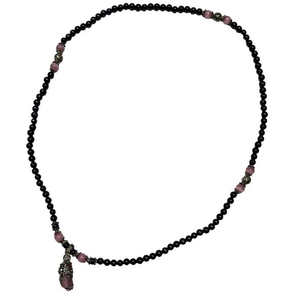 Vintage Style Pink Quartz & Blue Bead Necklace with Lucky Cat Pendant Charm - Picture 5 of 11